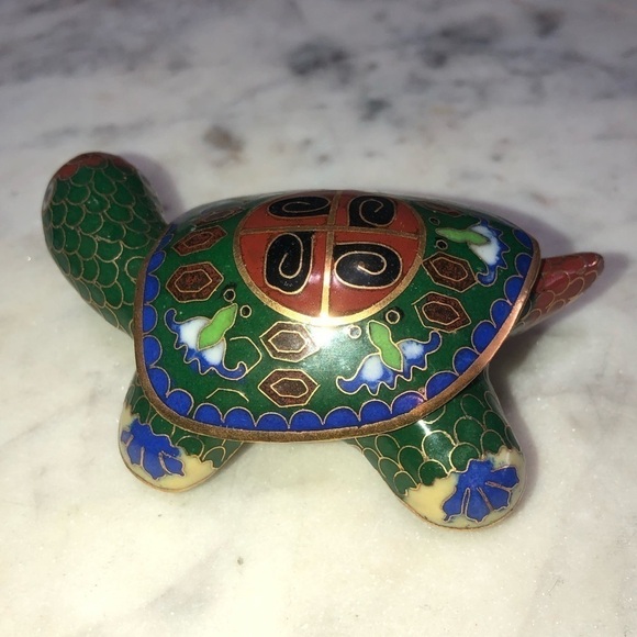 VTG Chinese Cloisonne Enamel Feng Shui Turtle Tortoise Trinket Box 4” x 2.5” - Picture 3 of 9